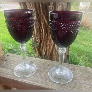 Vintage Ruby Red Cut-Glass Goblet Wine Glass - Clear Stem (Pair)
